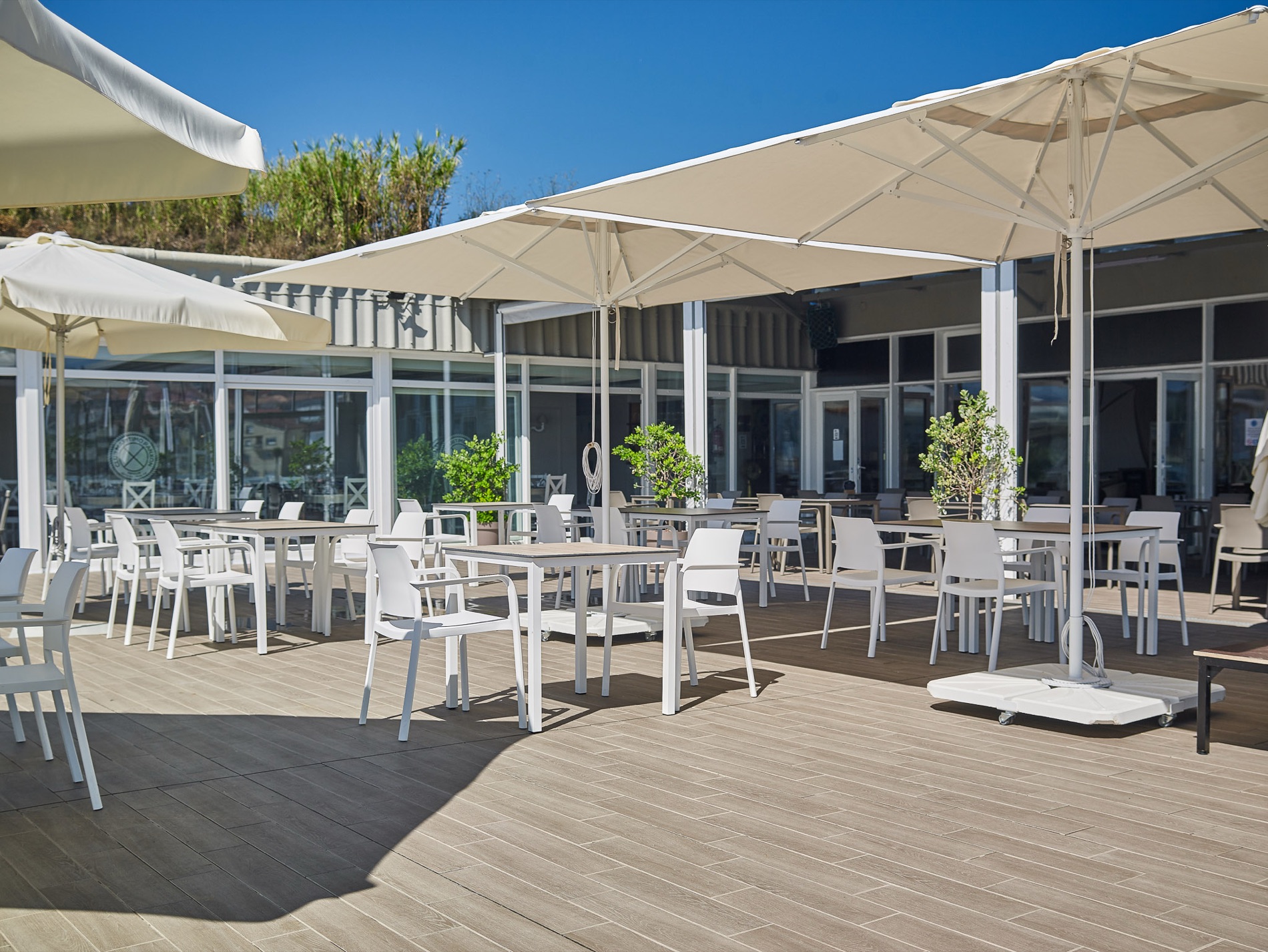 Beach club terrace shaded by a row of white parasols